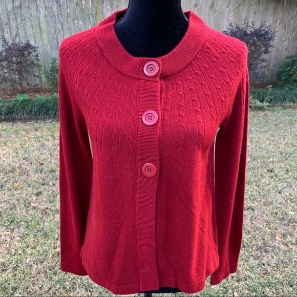 Laura Michelle Sweaters - LAURA MICHELLE Red Cardigan Sweater Round Neck Cable Knit Fitted